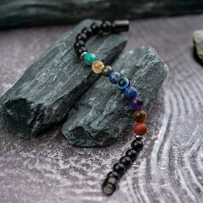 7 Chakra Bracelet with Free Evil Eye & Gloss Onyx