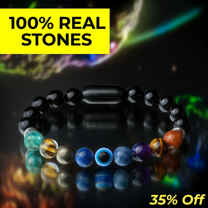 Multicolored beaded bracelet with '100% Real Stones' text and '35% Off' offer on a dark background.