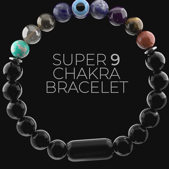 ZARAGRACE promotional video showcasing a 7 Chakra beaded bracelet with Evil Eye and Gloss Onyx, highlighting its spiritual benefits and elegant design