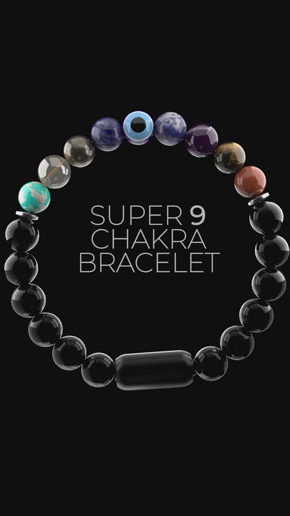 ZARAGRACE promotional video showcasing a 7 Chakra beaded bracelet with Evil Eye and Gloss Onyx, highlighting its spiritual benefits and elegant design